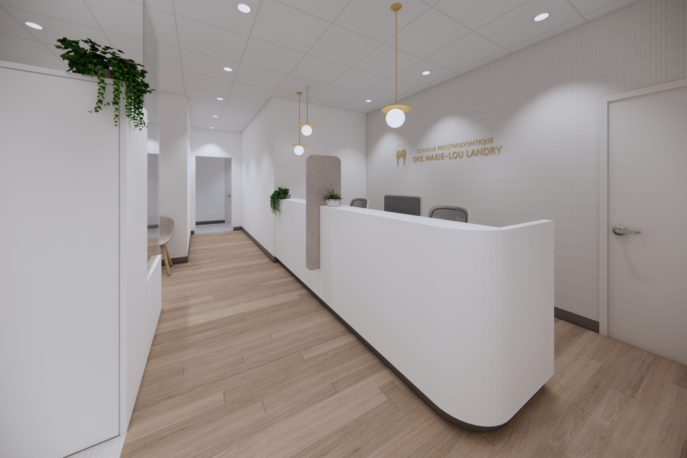 Rendu 3D de l'accueil du Cabinet Dento-Esthétique, clinique dentaire à Lebourgneuf, Québec